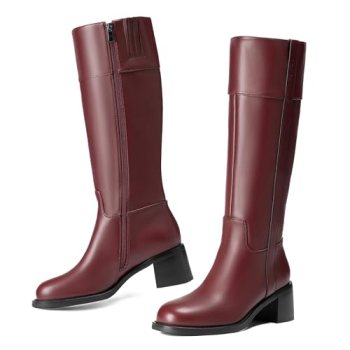 Reitoye Knee High Burgundy Boots Women Round Toe Chunky Block Heeled Boots Side