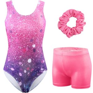 HOZIY 3T 4T Gymnastics Leotards for Girls 3 Piece Bow Back Leotard with Gym Shor