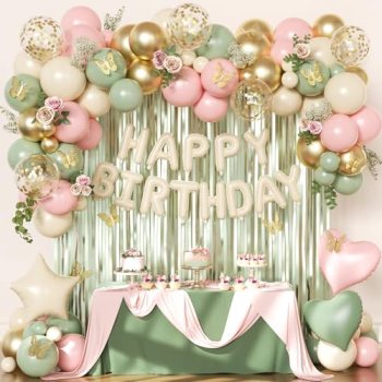 Pink and Sage Green Birthday Decorations