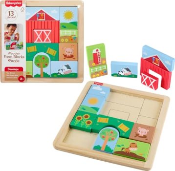 Fisher-Price Wood Toddler Toy Farm Blocks Puzzle
