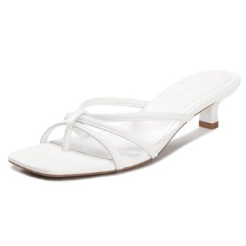 Athlefit White Kitten Heels for Women Strappy Flip Flop Low Heels Square Toe Com