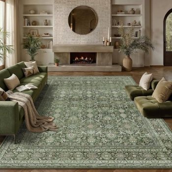 PureCozy 9×12 Washable Area Rug Sage Green for Living Room Vintage Non Slip Low
