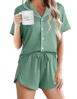 Ekouaer Pajamas for Women Set Button Up Sleepwear 2 Piece Pjs Lounge Set Short S