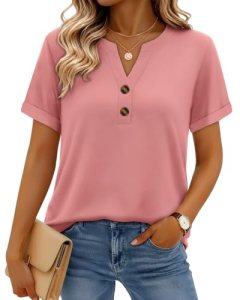 rosemia Henley Shirts for Women Short Sleeve Dressy Casual Blouses Summer V Neck