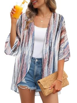Womens Kimono Cardigans Beach Cover ups Swimwear Puff Sleeve Loose Casual Summer