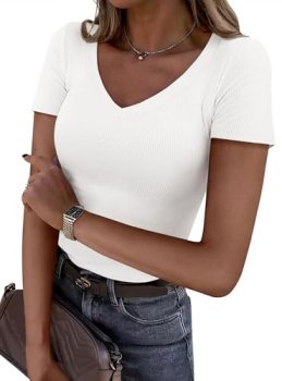 PRETTYGARDEN Women 2026 Spring Tops Trendy Ribbed Short Sleeve V Neck Fitted Bas