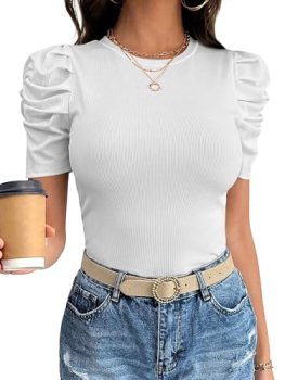ANRABESS Women Puff Short Sleeve Crewneck Dressy Casual Tops Summer Fitted Ribbe