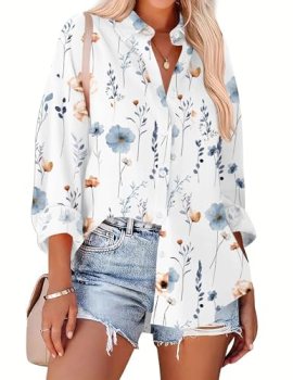Zeagoo Oversized Button Down Shirts for Women Dressy Floral Printed Long Sleeve