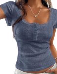 PRETTYGARDEN Summer Tops for Women 2026 Short Sleeve Lace Trim Slim Fitted Henle