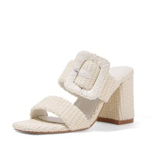Ancomafio Womens Heeled Sandals Raffia Sandals Square Open Toe Chunky Block Heel