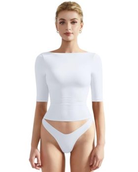 SUUKSESS Women Half Sleeve Boat Neck Tops Double Lined Tight Fitted Shirts Basic