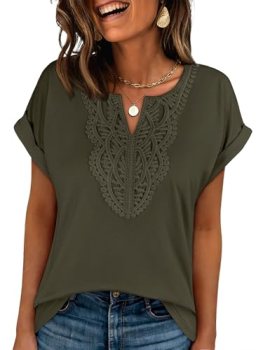 ANRABESS Womens Short Sleeve Tops Boho V Neck Lace Shirts Dressy Casual Blouses