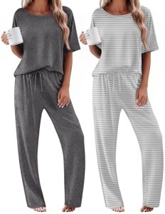 Ekouaer Womens Lounge Set Cute Pajamas Short Sleeve Shirts and Full-Length Botto