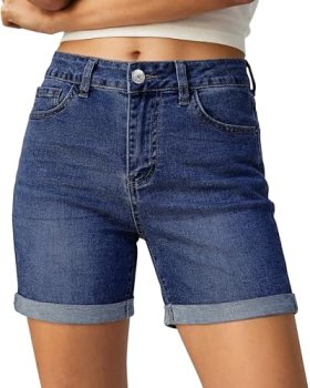 luvamia Jean Shorts for Women High Waisted Trendy Mid Thigh Long Cuffed Hem Long