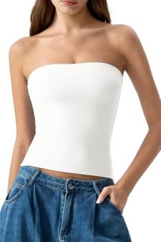 QINSEN Women’s Tube Tops Double Lined Slim Fit Strapless Bandeau Top Summer Goin
