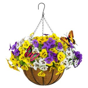 SupBri Artificial Pansies Hanging Flowers with Basket & 2 Fake Butterflies
