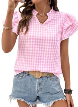 SHEWIN Womens Tops Casual V Neck Short Sleeve Shirts for Women Lightweight Babyd