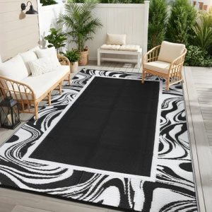 Garvee Black and White Outdoor Rug 5×8 for Camping Waterproof Quick Dry Plastic