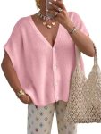 PRETTYGARDEN Womens 2026 Cute Summer Tops Oversized Short Sleeve Button Down Lig