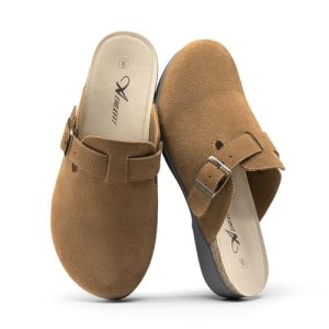 Athlefit Cork Clogs for Women Adjustable Buckle Antislip Leather Brown Clogs wit