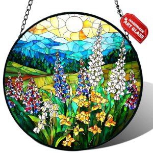 Stained Glass Window Hanging, Wildflowers Plant Scenery Suncatcher for Door Home