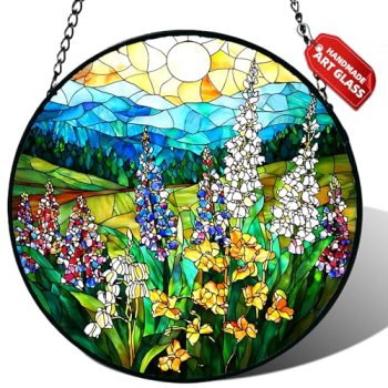 Stained Glass Window Hanging, Wildflowers Plant Scenery Suncatcher for Door Home