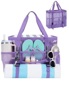 WANDF Mesh Beach Bag for Women, Large Beach Tote Bags with 40oz Tumbler Side Poc