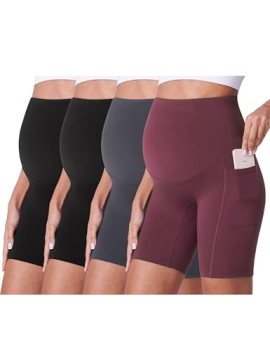 POSHDIVAH 4 Pack Black Black Grey Wine Maternity Yoga Shorts Over The Belly Summ
