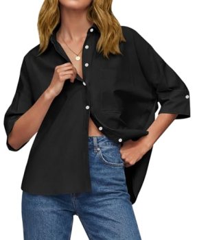Cicy Bell Womens Summer Oversized Button Down Shirts Half Sleeve V Neck Business