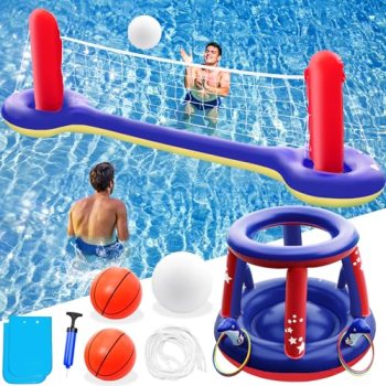 Jasonwell Pool Toys Games Set – 3 in 1 Pool Volleyball Net Basketball Hoop Ring