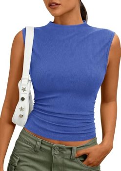 PRETTYGARDEN Sleeveless Tops for Women Ribbed Mock Neck Tank Top Slim Fitted Ruc