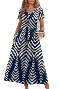 OFEEFAN Summer Dresses for Women Flowy Short Sleeve V Neck A Line Dress Spring B