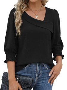 Funlingo 3/4 Length Sleeve Womens Tops Business Dressy Casual Blouses Asymmetric