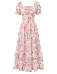 Scarlet Darkness Women Floral Cottagecore Dress Puff Sleeve Maxi Ruffled Corset