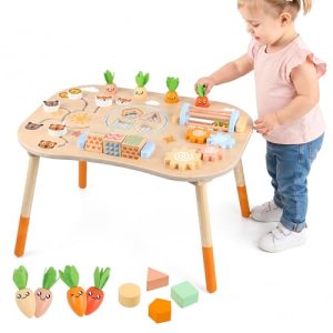 Ranqibo Wooden Activity Table, 6-in-1 Montessori Activity Table for Toddlers