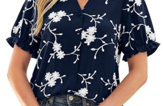 Simplee Womens Button Down Puff Ruffle Short Sleeve Blouse Tops V Neck Summer Em