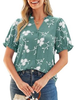 Simplee Womens Button Down Puff Ruffle Short Sleeve Blouse Tops V Neck Summer Em