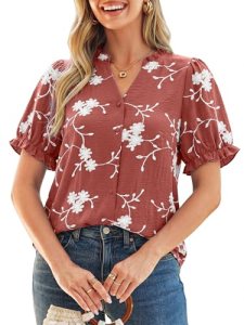 Simplee Womens Button Down Puff Ruffle Short Sleeve Blouse Tops V Neck Summer Em