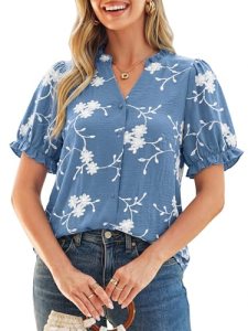Simplee Womens Button Down Puff Ruffle Short Sleeve Blouse Tops V Neck Summer Em