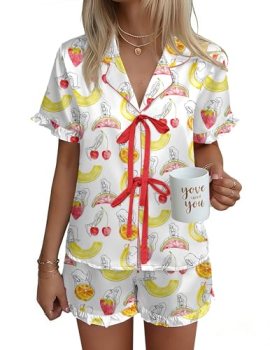 Ekouaer Satin Pajama for Women Short Sleeve Silky Pj Short Set Bow Front Tie Up