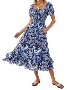 Kate Kasin Womens Summer Boho Floral Maxi Dress 2026 Square Neck Puff Sleeve Smo