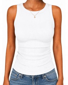 GAYHAY White Tank Top Woman Womens Summer Cute High Neck Sleeveless Ribbed Shirt