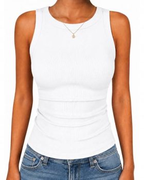 GAYHAY White Tank Top Woman Womens Summer Cute High Neck Sleeveless Ribbed Shirt