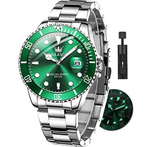 OLEVS Green Watches for Men Stainless Steel Luxury Date Dress Waterproof