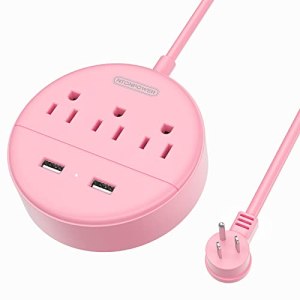 Rose Pink Power Strip with USB, NTONPOWER Flat Plug Extension Cord Nightst&Deskt