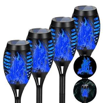 AOUNQ 4 Pack Solar Torch Lights Outdoor Waterproof – Blue Flickering Flame