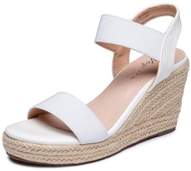 Vepose Women’s White Wedge Sandals Platform Espadrilles Open Toe Ankle Strap Com