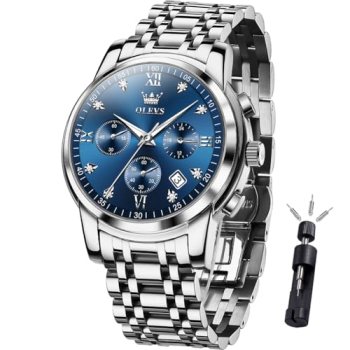 OLEVS Silver Watches for Men Luxury Blue Mens Watch Dress Diamond Chronograph St