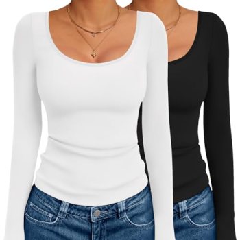 Ekouaer 2 Pack Long Sleeve Shirts for Womens Scoop Neck Tops Slim Fit Undershirt