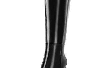 Coutgo Womens Wide Calf Knee High Boots Chunky High Heel Square Toe Fashion Leat